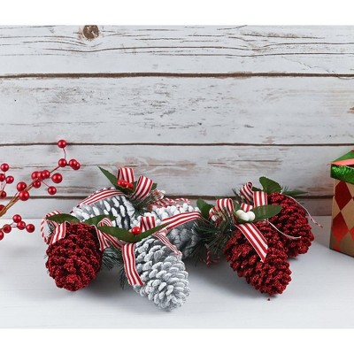 Red and White Glitter Pinecone Ornaments with Holly Leaves - Set of 10