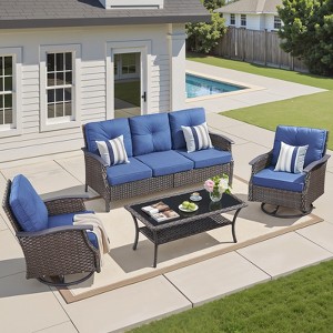 Buenhomino Patio Furniture Set Wicker Swivel Glider Chairs PE Rattan Sofa Ottomans with Blue Cushions Patio Conversation Set - 1 of 4