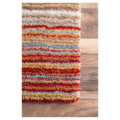Handmade Red Stripe Shag Area Rug, 8' x 10', Easy Care Synthetic