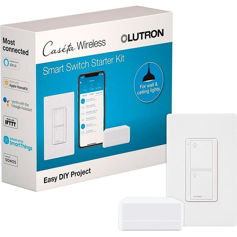 Lutron Caseta Smart Switch Starter Kit with Caseta Smart Hub  | Neutral Wire Required | P-BDG-PKG1WS | White, 1 of 11