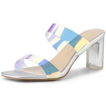 Allegra K Women's Colorful Straps Clear Chunky High Heels Slides Sandals