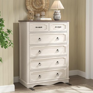 6 Drawer Dresser, 43" Tall Chest of Drawers with Large Drawers & Metal Ring Pull Handles, Antique White - 1 of 4