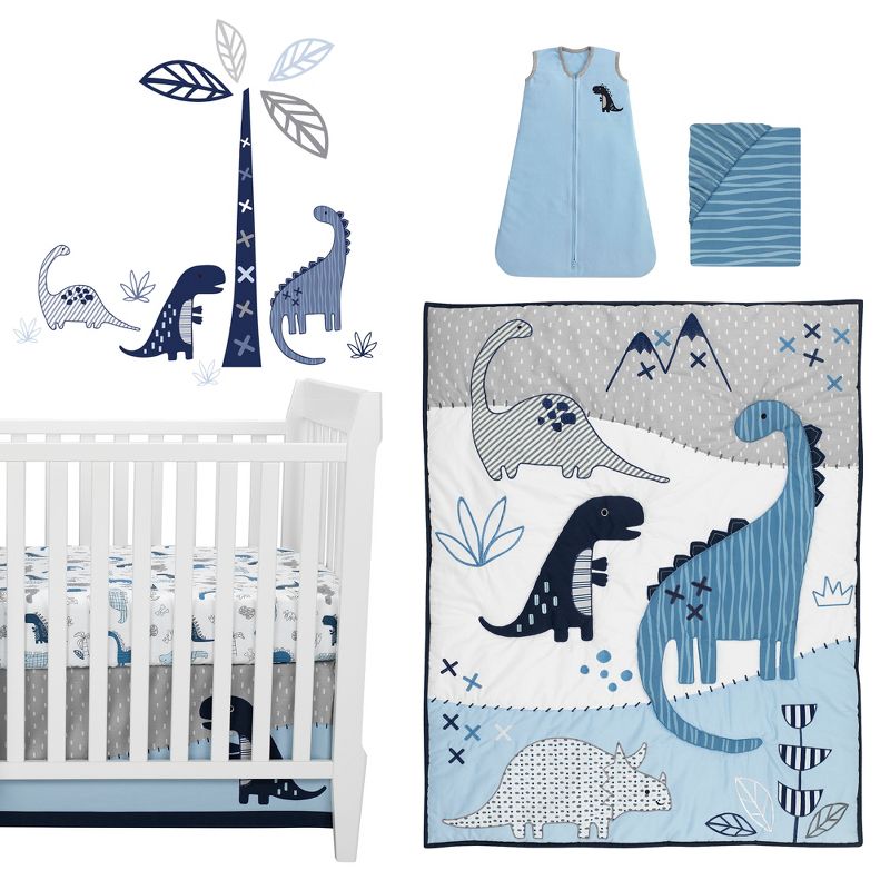 Lambs & Ivy Baby Dino Blue/White Dinosaur Nursery 6-Piece Crib Bedding Set, 1 of 11