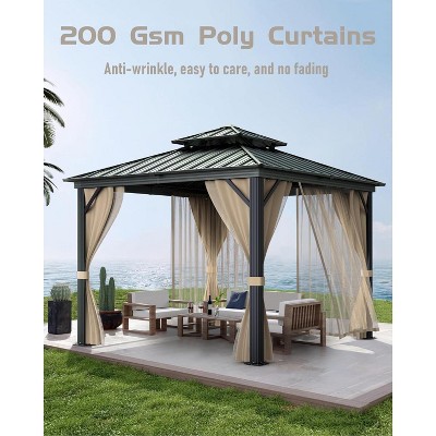 10x10 Ft Hardtop Gazebos with Heavy Duty Double Roof, Nettings and Curtains Galvanized Steel Outdoor Gazebos for Patio, Backyard, Deck, Lawn (Brown)