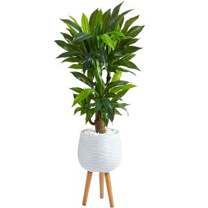 Nearly Natural 46-in Corn Stalk Dracaena Artificial Plant in White Planter with Stand (Real Touch) - 1 of 4