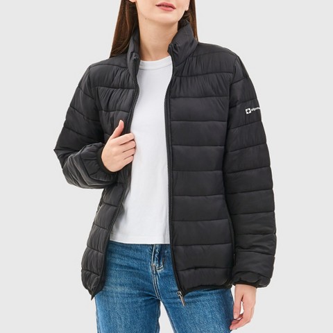 Alpine Swiss Amy Women Puffer Jacket Insulated Water Resistant Lightweight Down Alternative Packable Coat Zip Pockets BLK LRG