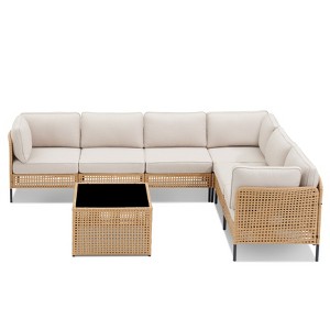 Buenhomino 7-Piece Patio Sectional Sofa Set, Boho Wicker Outdoor Conversation Set with Coffee Table and Beige Cushions - 1 of 4