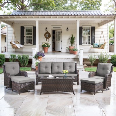 6 Piece Rattan Wicker Patio Conversation Set with Swivel Chairs, Patio Furniture Set with Patio Couch Swivel Chair Coffee Table Ottoman