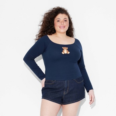 Women's Teddy Bear Long Sleeve Graphic T-Shirt - Navy Blue