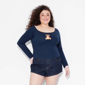 Women's Teddy Bear Long Sleeve Graphic T-Shirt - Navy Blue - 1 of 3