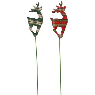 Northlight Set of 2 Red and Green Plaid Leaping Reindeer Christmas Picks