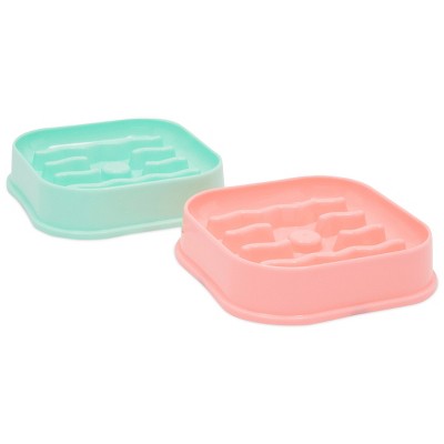 Zodaca 2 Pack Interactive Dog Bowl, Wavy Slow Feeder Pet Dishes (Pastel Pink & Green, 8 x 8 x 2 ")