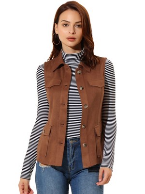 INSPIRE CHIC Women's Buttoned Sleeveless Faux Suede Utility Vest with Cargo Pocket