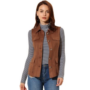 INSPIRE CHIC Women's Buttoned Sleeveless Faux Suede Utility Vest with Cargo Pocket - 1 of 4