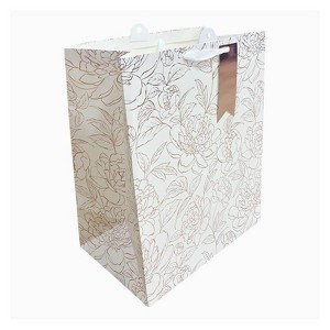 Bows And Sparkles XL Foil Flowers Wedding Gift Bag with Tag Ivory/Bronze - 1 of 4