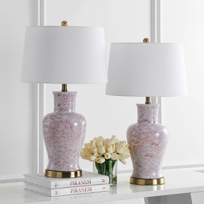 Calli Pink and White Ceramic Table Lamp Set with Brass Base