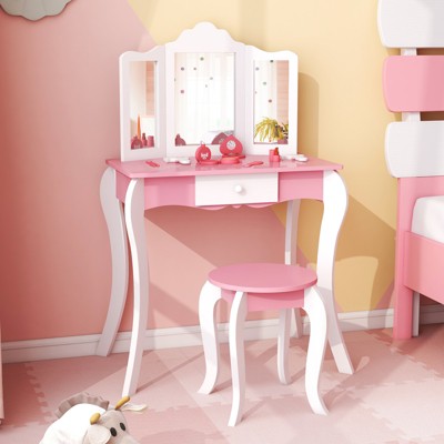 Infans Kid Vanity Table and Chair Detachable Tri-Folding Mirror Pretend Play Makeup Set