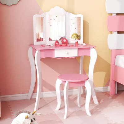 Infans Kid Vanity Table And Chair Detachable Tri-folding Mirror Pretend ...