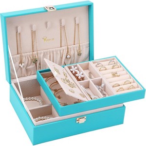 2-Layer Pink PU Leather Jewelry Box, Vintage Organizer with Removable Tray for Necklaces, Earrings, Rings, Bracelets - 1 of 4