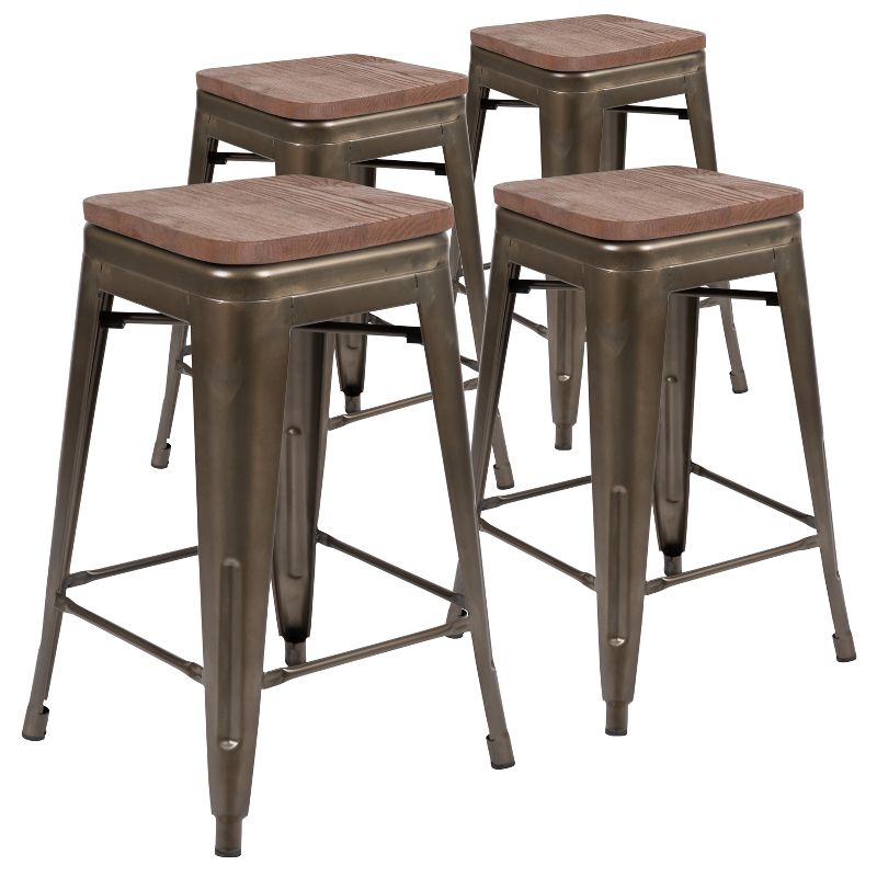 Emma and Oliver 24" High Metal Counter-Height, Indoor Bar Stool with Wood Seat - Stackable Set of 4, 1 of 12