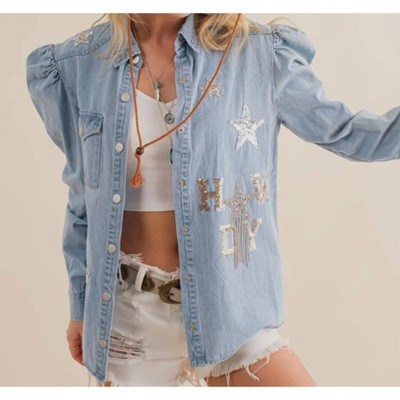 Women's Howdy Sequin Chambray Top - Blue B