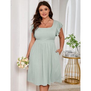 Plus Size Square Neck Midi Dress Double Ruffle Sleeve Banded Waist