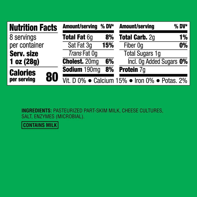 Nutrition label showing 80 calories per serving, with ingredients including pasteurized part-skim milk, cheese cultures, salt, and enzymes, and a note that it contains milk.