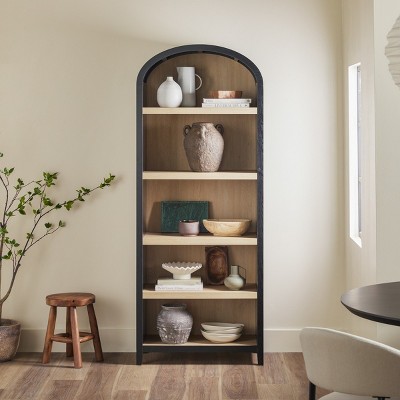 76" Modern Open Arched Console Bookshelves,5-Tier Wooden Kitchen Utensil Storage Rack,Display Bookshelf for Bedroom Living Room-Baofuwish