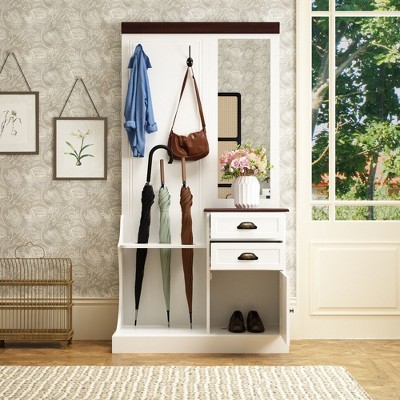Famapy White Hall Tree Entryway Table Ample Storage Space Mirror