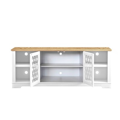 Grayish-White 70" TV Stand with Lattice Doors and Wood Top