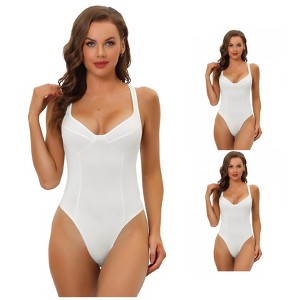 INSPIRE CHIC Women's Deep V Neck Leotard Bodysuit Tummy Control Shapewears Thong Full Body Shaper 3 Packs - 1 of 4