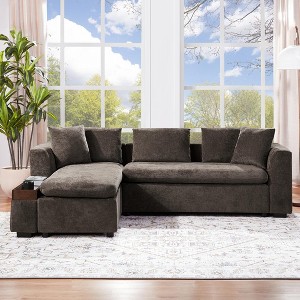 L-Shaped Sectional Sofa Chenille Upholstered Sofa Couch with Wooden Storage Compartment, Black/Brown/Gray/Green-ModernLuxe - 1 of 4