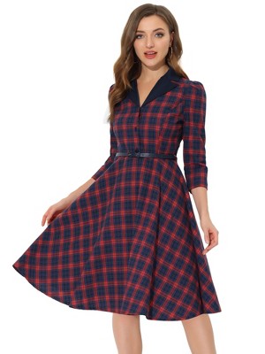 Allegra K Women's Plaid Contrast Notch Lapel 3/4 Sleeve Belted A