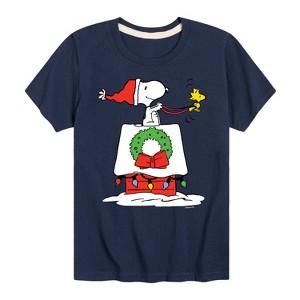 Boys' - Peanuts - Snoopy & Woodstock House Sleigh Short Sleeve Graphic T-Shirt - 1 of 4