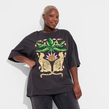 Women's Jungle Scenery Oversized Short Sleeve Graphic T-Shirt - Black