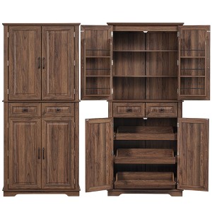 Gulches 71 Tall Farmhouse Kitchen Pantry Cabinet Embossed Texture 3 Pull Out Organizers 6 Door Shelves 2 Drawers MDF Freestanding Storage Brown - 1 of 4
