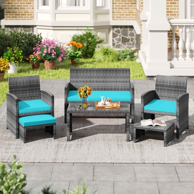 Costway 6PCS Patio Furniture Set Outdoor Sectional Conversation PE Rattan Sofa Set Black/Gray/Navy/Red/White/Turquoise