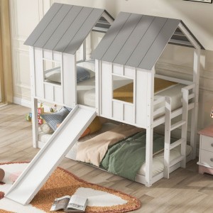 Twin over Twin House Bunk Bed with Slide and Windows,White - 1 of 3