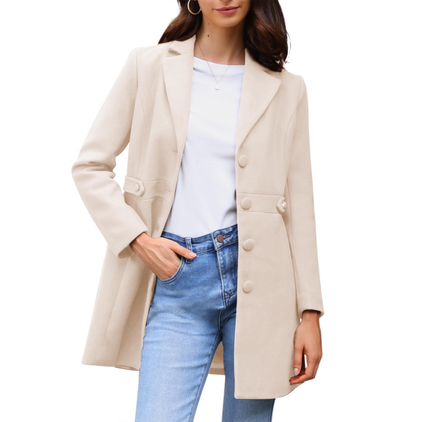 Женские куртки Allegra K Notched Lapel Single Breasted Button Down Outerwear Winter Coats Apricot — фото 1