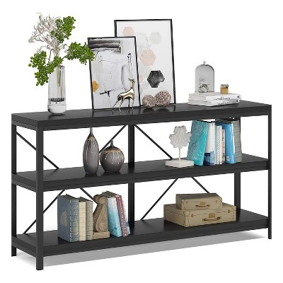 Black 55-Inch Industrial Sofa Table with 3-Tier Storage