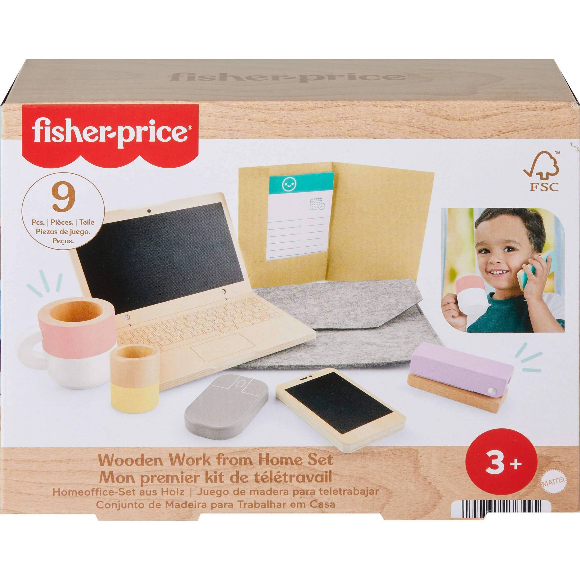 Fisher-Price Wooden Work From Home Set Pretend Office Playset with Wood Laptop for Kids 9pc
