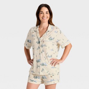 Women's Cloud Knit Modal Notch Collar Short Sleeve Top and Shorts Pajama Set - Auden™ Cream 'Tis the Skison - 1 of 4