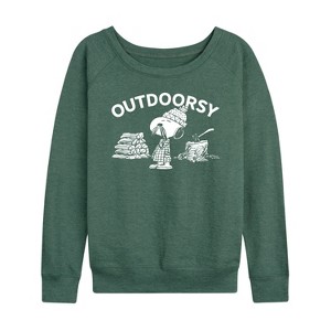 Women's - Peanuts - Outdoorsy Snoopy Lightweight French Terry Wide Neck Long Sleeve Shirt - 1 of 4
