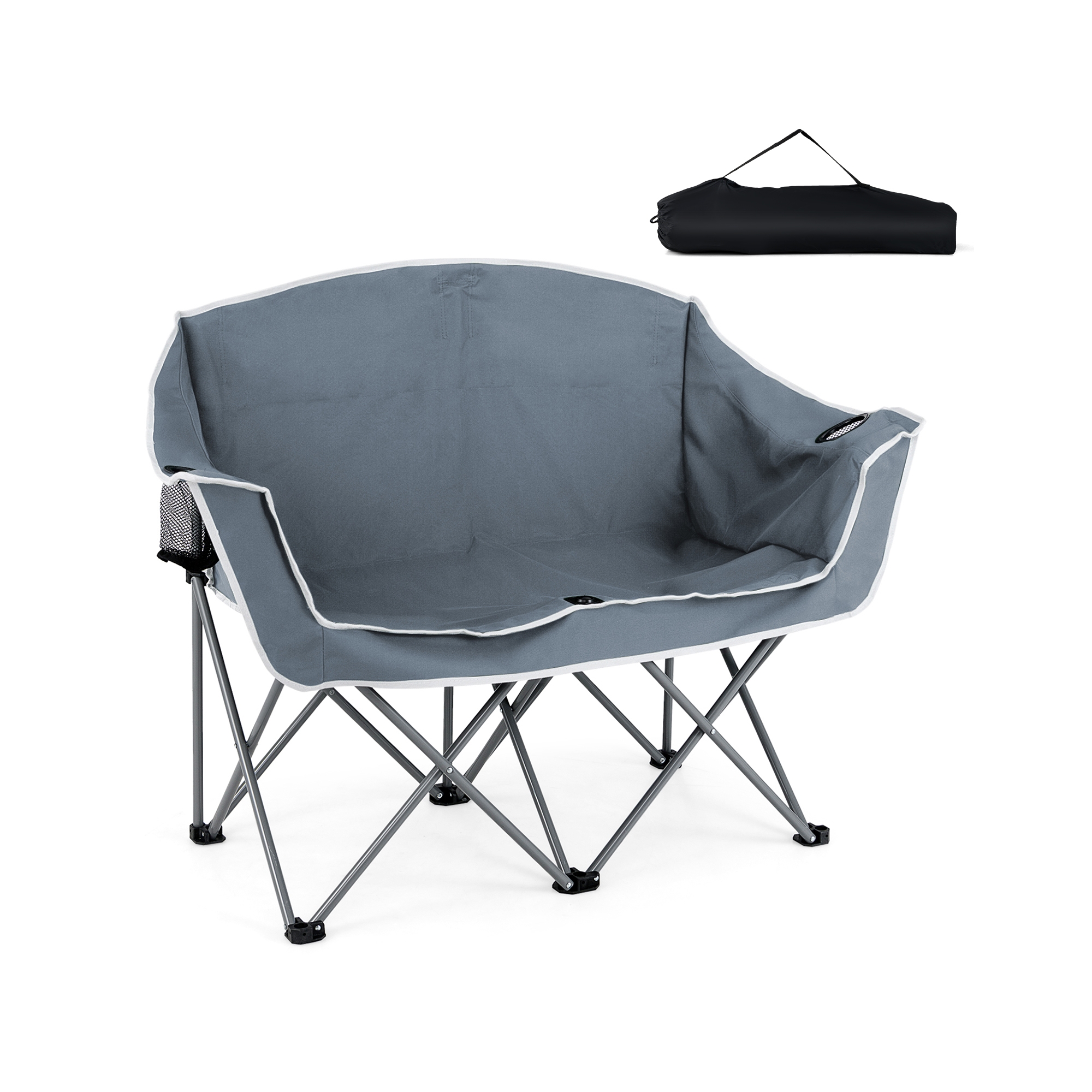 Costway Double Duo Camping Chair with Armrests Cup Holders Carry Bag Heavy Duty Lawn Chair Gray