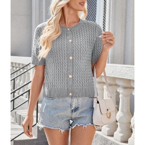 Women's Short Sleeve Knit Cardigan Classic-Fit Ribbed Button Up Sweater - 1 of 4