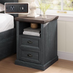 AMERLIFE End Tables with Charging Station and 2 Drawers and Storage Shelf, Farmhouse End Table with USB Ports & Outlets, Dark Blue - 1 of 4