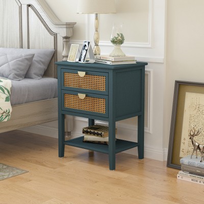 Archie 28.35"H Rattan Nightstand Bed Side Cabinet,Wooden Nightstand With 2 Drawers Bed Side Table For Bedroom, Living Room, Study-Maison Boucle‎