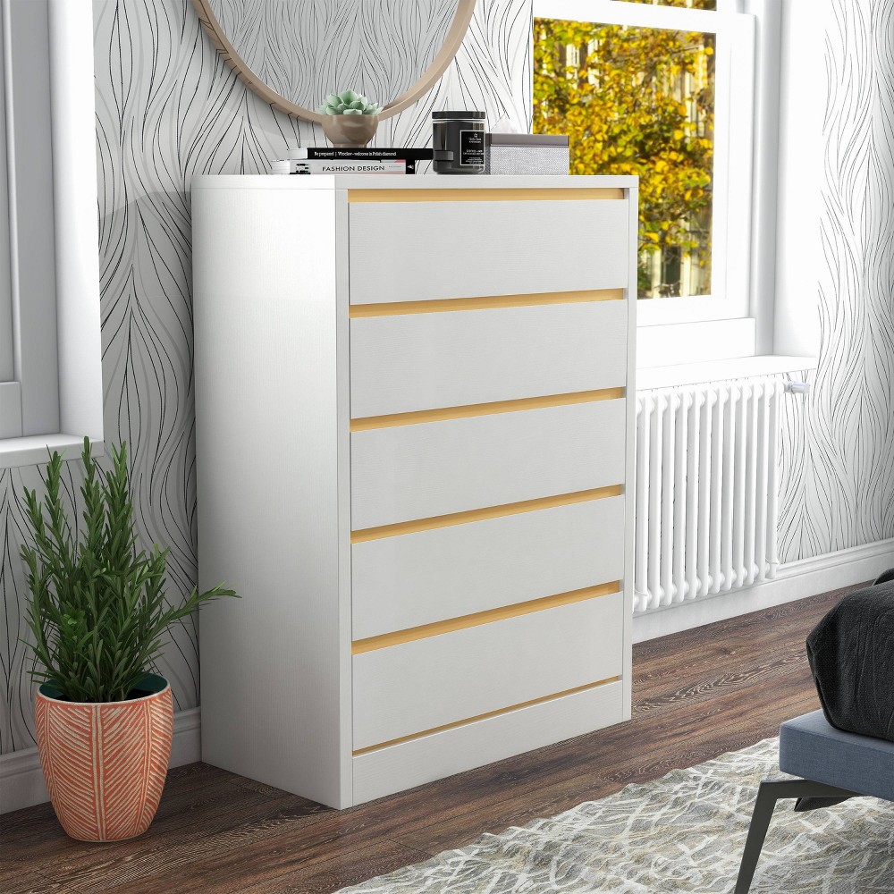 miBasics Gailyn Modern 5 Drawer Tall Chest White: Vertical Storage, Smooth Finish, Metal Hardware