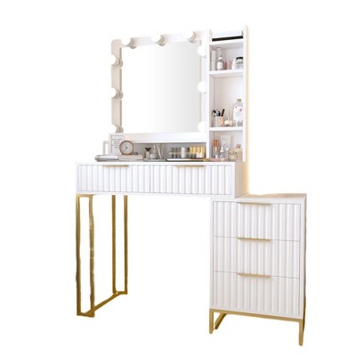Makeup Vanity Desk With Mirror And Lights, Vanity Table With 5 Drawers, Side Cabinet, Storage Shelves, Modern Vanity Table For Bedroom