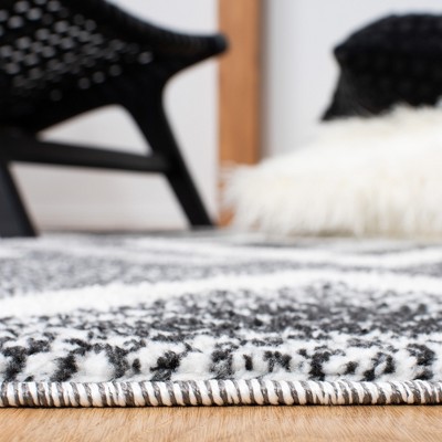 Ivory and Black Diamond Pattern Shag Area Rug with Braided Fringe